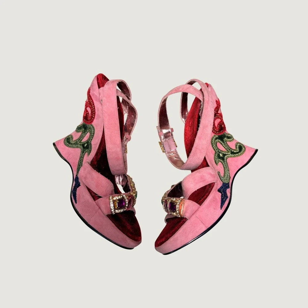 Y2K Rare Grail Baby Phat Pink Suede Wedge Sandals Gemstone Embroidered Heels